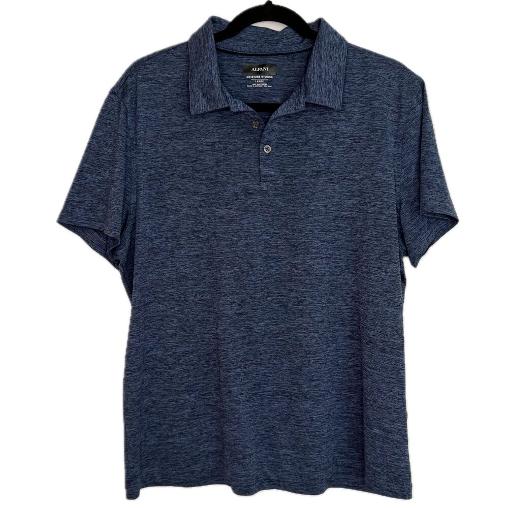 Alfani Men’s L Blue Marbled Regular Fit Stretch Short Sleeved Polo Shirt Wicking